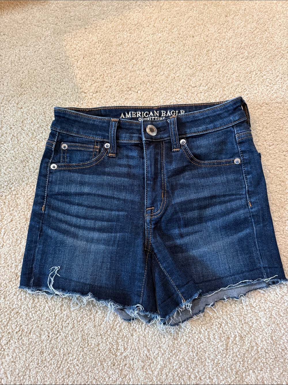American Eagle Outfitters Navy Blue High-Rise Frayed Hem Denim Shorts